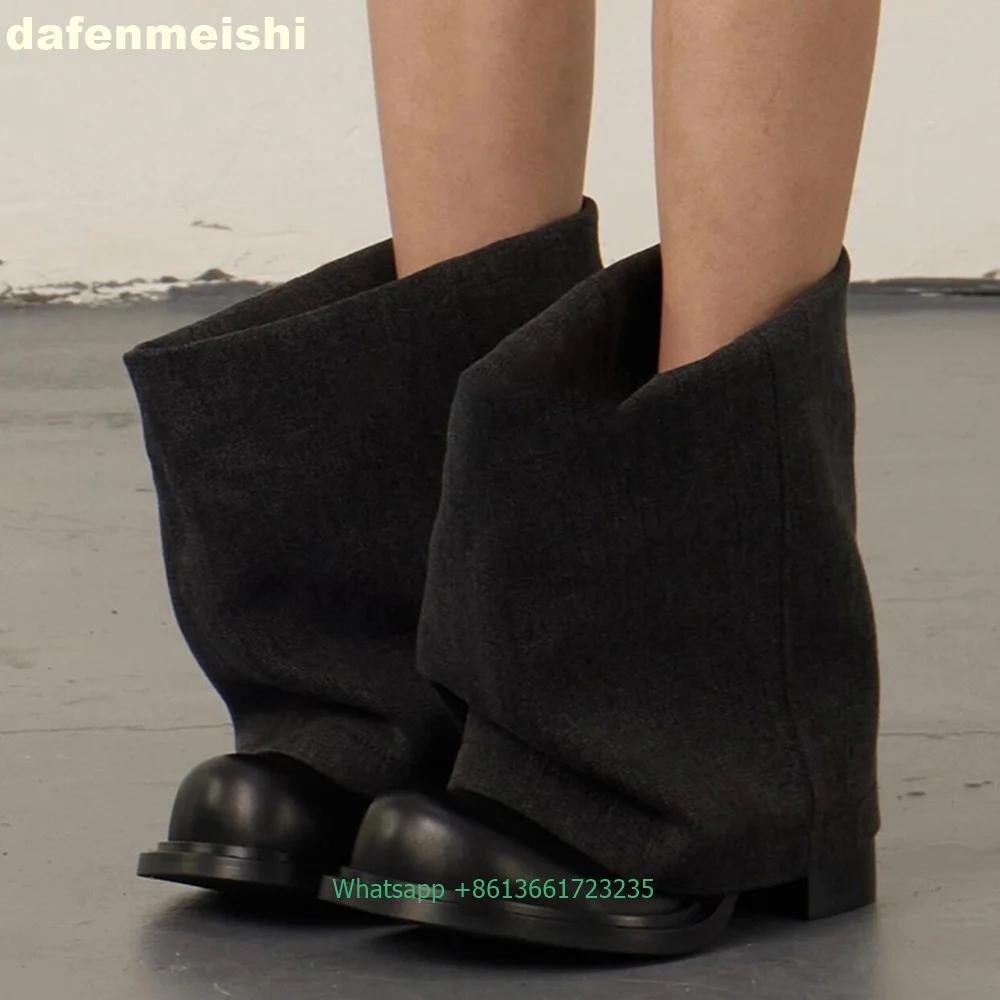 Fashion Big Round Toe Denim Turned-Over Edge Boots 2025 New Fashion Women Black/blue Mid-Calf Trouser Boots Chunky Heel Cowboy Boots