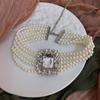 Pre-Owned Floral Geometric Rhinestone Jewelry Set with Clavicle Necklace & Earrings In Turquoise and Pearl Tones