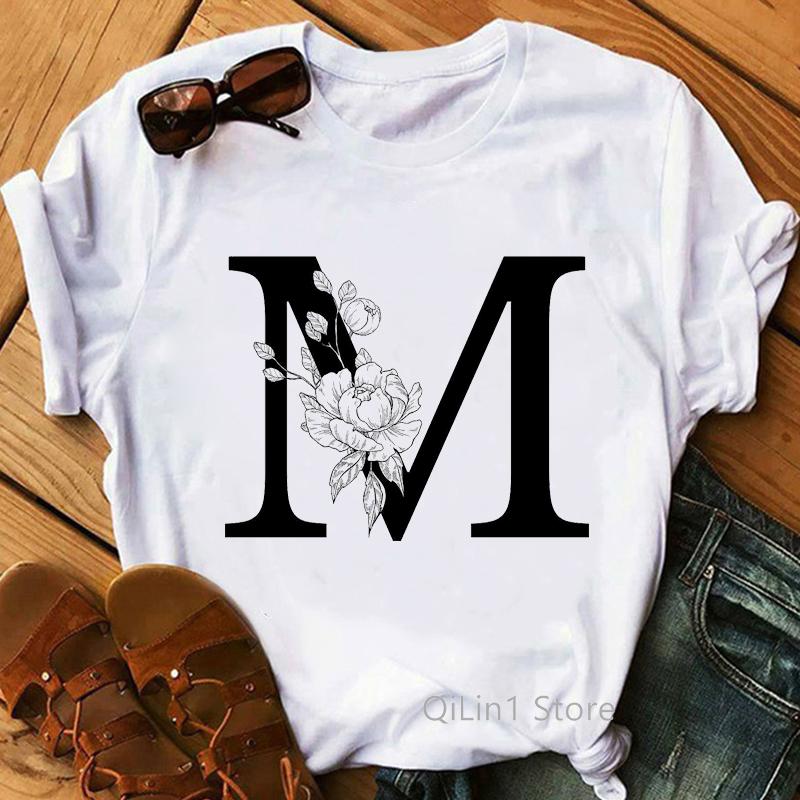 

Floral Alphabet M Letter Print T-Shirt Women Summer Cute Top Female White Casual T Shirt Femme Graphic Tees Girls Tumblr Clothes XXXL білий