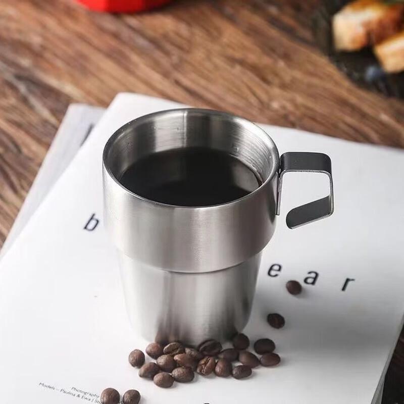 Shangqi Stainless Steel Matte Coffee Cups with Holder - Set of 2 (300ml Each)