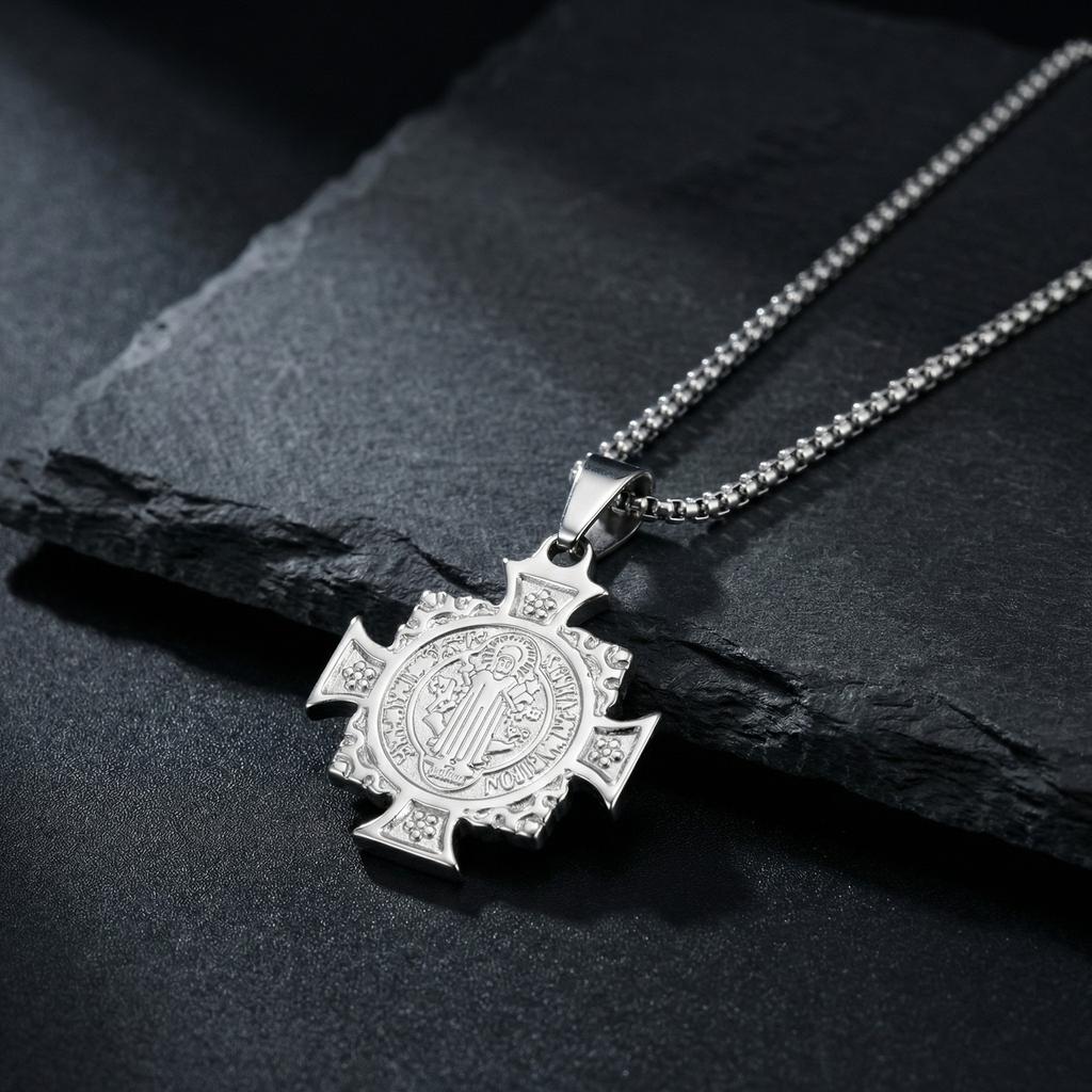 Saint Benedict Medal Pendant Necklace for Men,Waterproof Stainless Steel Saint Benedict Pendant,Faith Prayer Jewelry