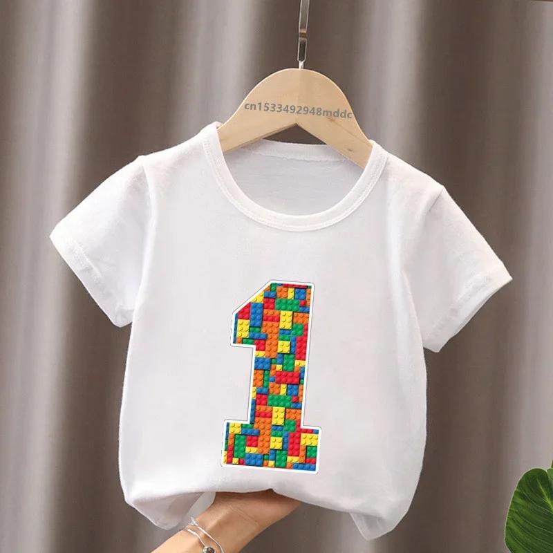 Cartoon Building Blocks Bricks Print Kids TShirt Number Tees for Boys And Girls Funny Birthday Baby Top 29 Years