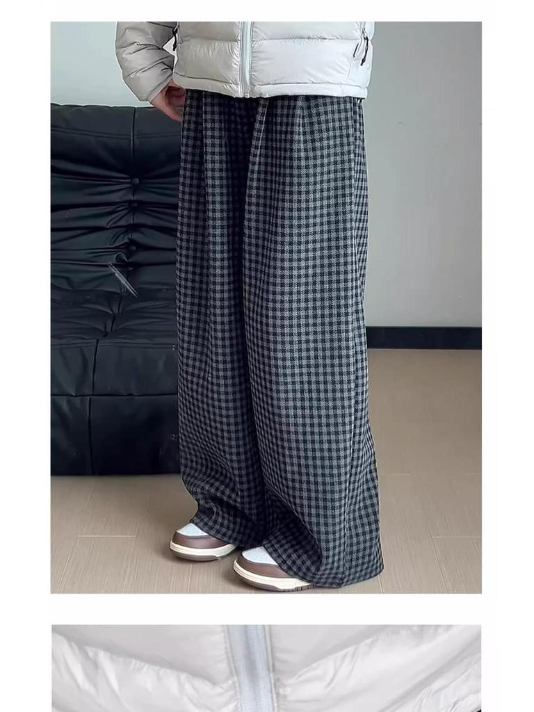 Women's Retro Plaid Wool Fleece-Lined Wide-Leg Pants - Casual Loose Fit for Autumn and Winter
