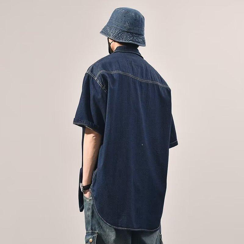 Japanische Retro-Modemarke, Sommer, lockeres Denim-Kurzarmhemd, künstlerisches Jugend-Arbeitshemd, mehrlagige Jacke für Herren und Damen