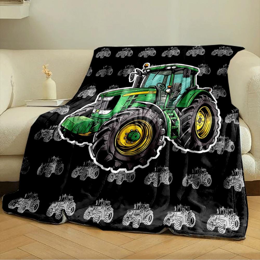 Green Tractor Artwork On a Black Background with Smaller Grey Tractors. for All Seasons Blanket Lunch Break Throw Gift