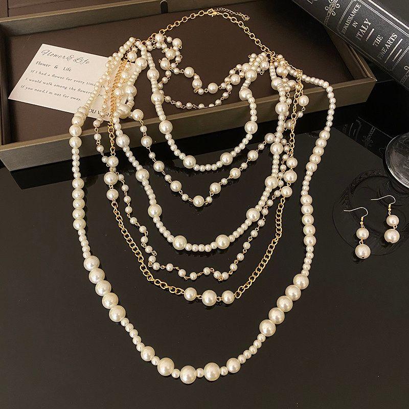 Fashion Exaggerated Multi-Layer Pearl Necklace and Earrings Suite Women's Fashion Long Heavy Industry Sweater Chain Elegant Classy Accessories