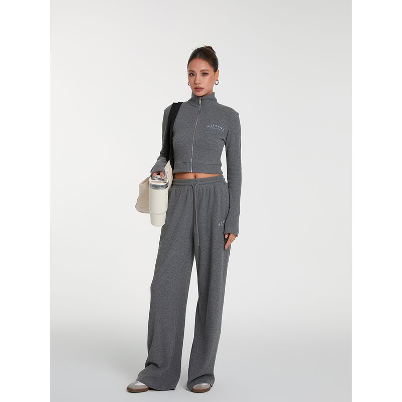 

Discoglam Dark Gray Stand Collar Short Zip-up Top Pants Waffle Elastic Soft Glutinous Three-Dimensional Print Dark gray pants XS