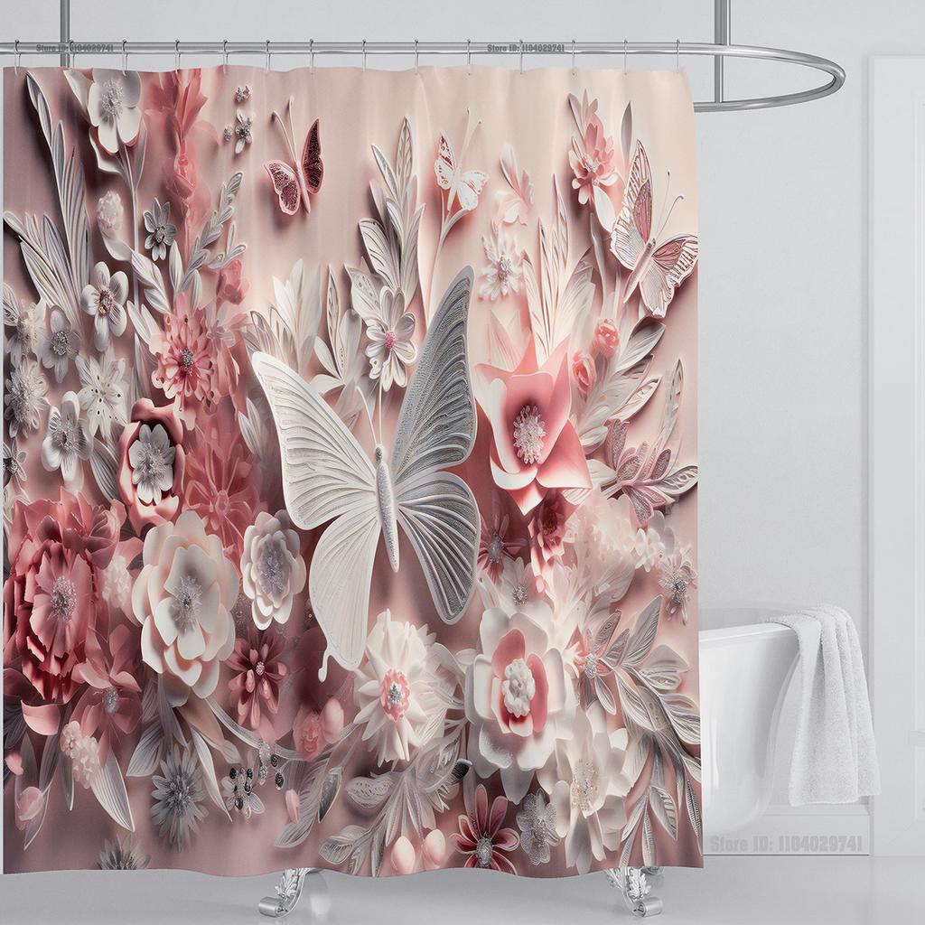 3D Stereo Beautiful Flower Printing Bathroom Curtain Waterproof Polyester Shower Curtain Home Decoration Curtain with Hooks