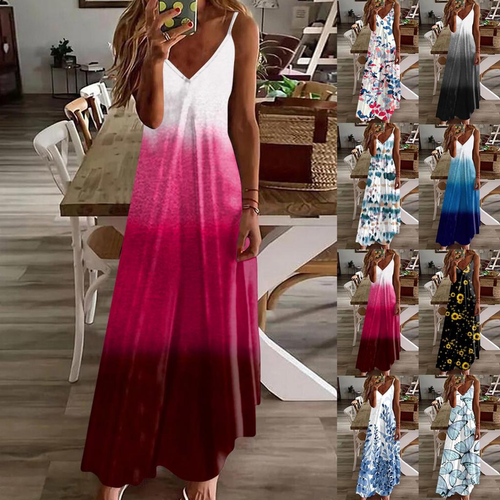 Women's Fashion Casual Sexy Printed V Neck Adjustable Straps A Line Dress