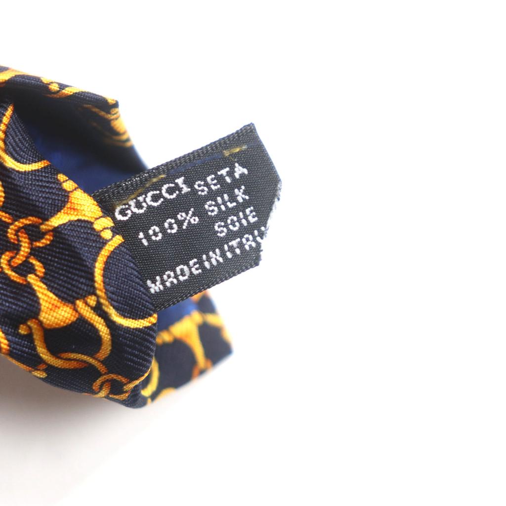 Pristine GUCCI tie Cravate Bit Pattern All-over Pattern Navy gold silk mens Used
