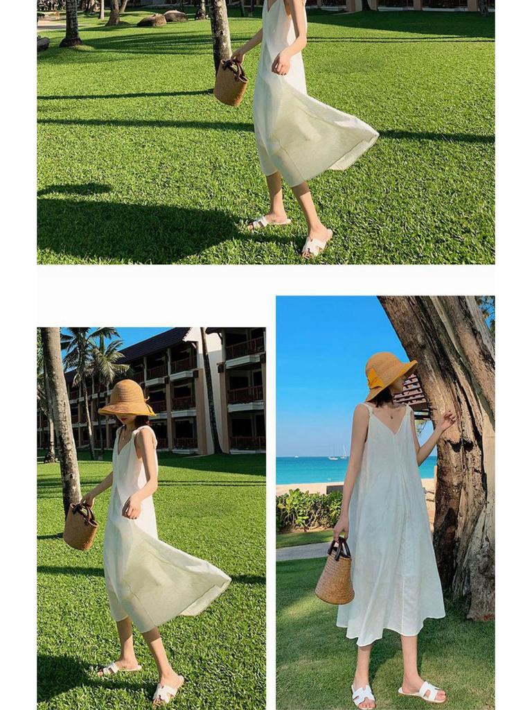 Women's 2026 Summer White Spaghetti Strap Beach Dress - Loose Fit, Slimming, Seaside Vacation Style Long Dress