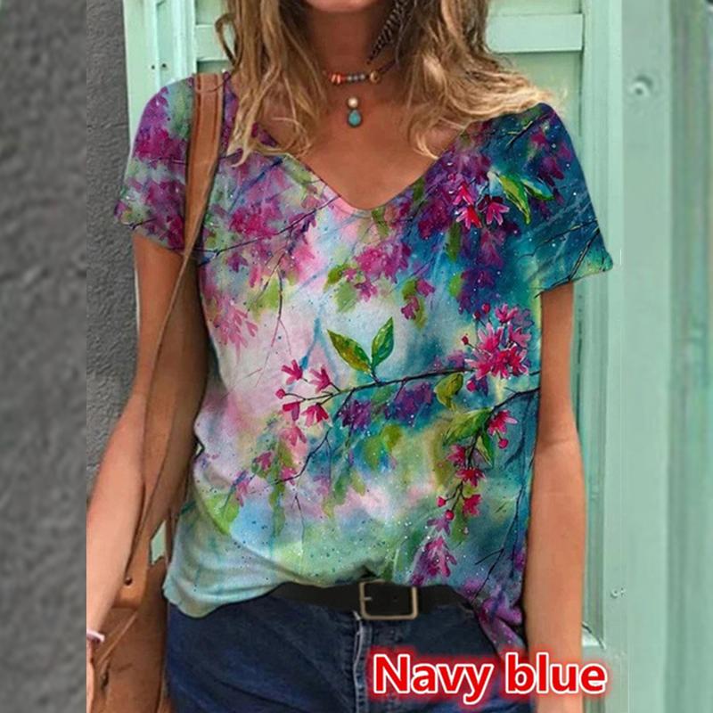 

Женская футболка с V-образным вырезом, коротким рукавом, многоцветная, свободного кроя, с цветочным принтом XXXXL