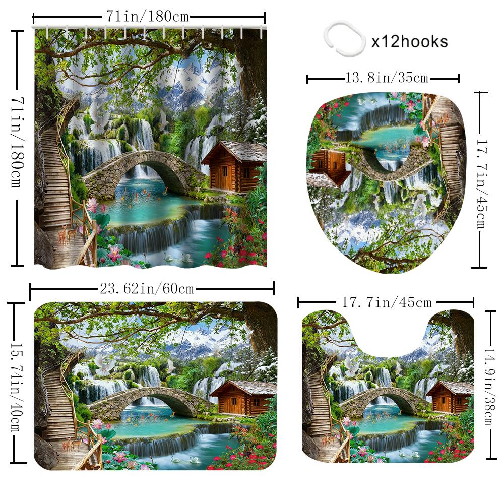 1/4 Forest Waterfall Print Shower Curtains, Toilet Seat Decoration, Shower Curtain with Carpet and Toilet Lid, 70.8x70.8 Inch