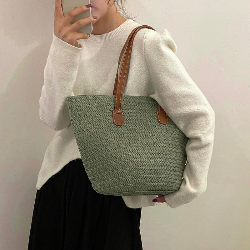 New Solid Color Straw Bag Single Shoulder Machine Nail Knitted Bag Women's Large Capacity Tote Bag Seaside Vacation Beach Bag