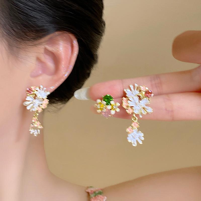 Diamond Dripping Oil Flower Fringed Earrings Niche Light Luxury High-end Earrings Fashion Versatile Earrings Women