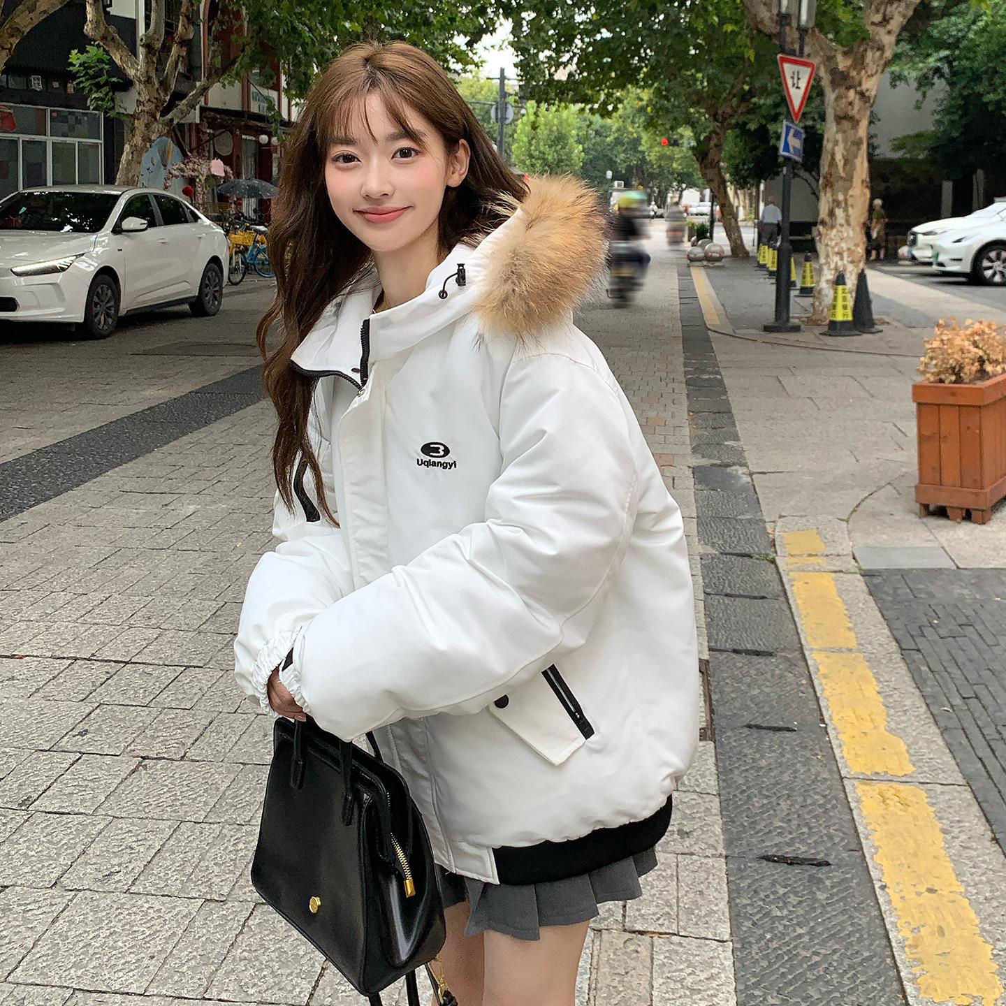 

Рабочая куртка с меховым воротником, на пуху и хлопковой подкладке, женская зимняя новая утолщенная куртка-пирожок, свободного кроя XL