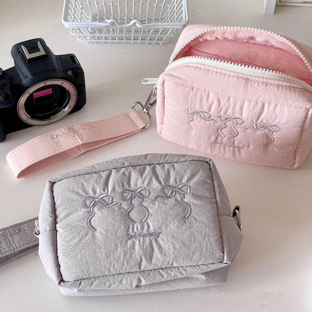Keychain Zipper Wristlet Wallet With Lanyard Embroidered Bow Makeup Bag Nylon Coin Pocket  Outdoor