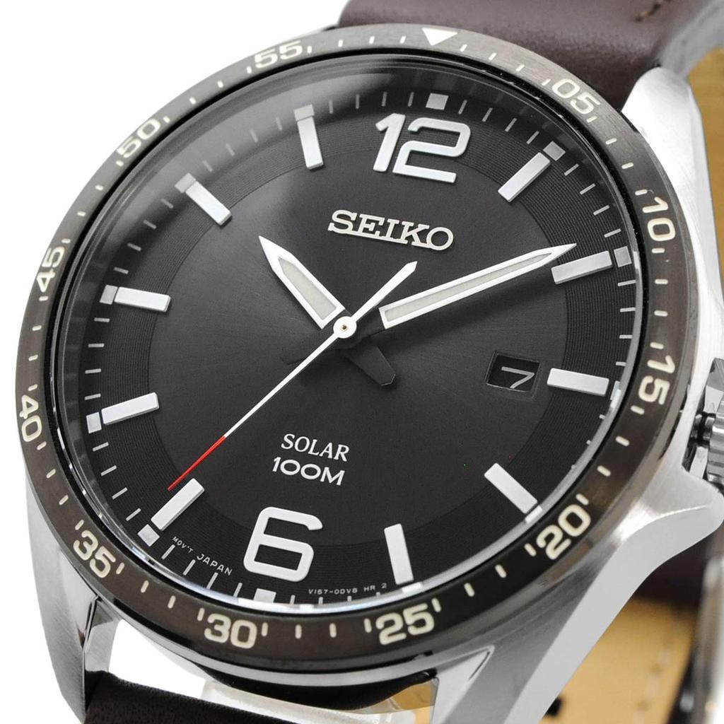 Seiko Solar Quartz Watch, Brown Calf Leather Strap Model SNE487P1, Stainless Steel, Men's Business Style