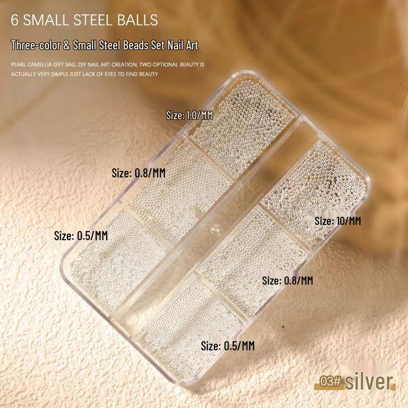 Gold, Silver, and Black Mini Steel Beads for Nail Art - 6 Compartment Box