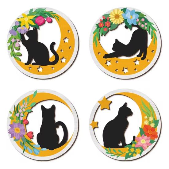 Healing Atmosphere Wall Art 4Pcs Wooden Cat Decor, 2D Flat Round with Flower Creative Animal Hangings Moon Elements, Lightweight Decorative