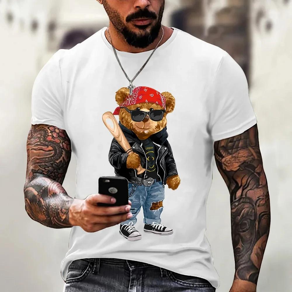 Cotton Cartoon Bear Series Patterned Men's T-shirt Interesting Printed Undershirt Casual Fashion Men's Clothes Cotton Women's T-shirt