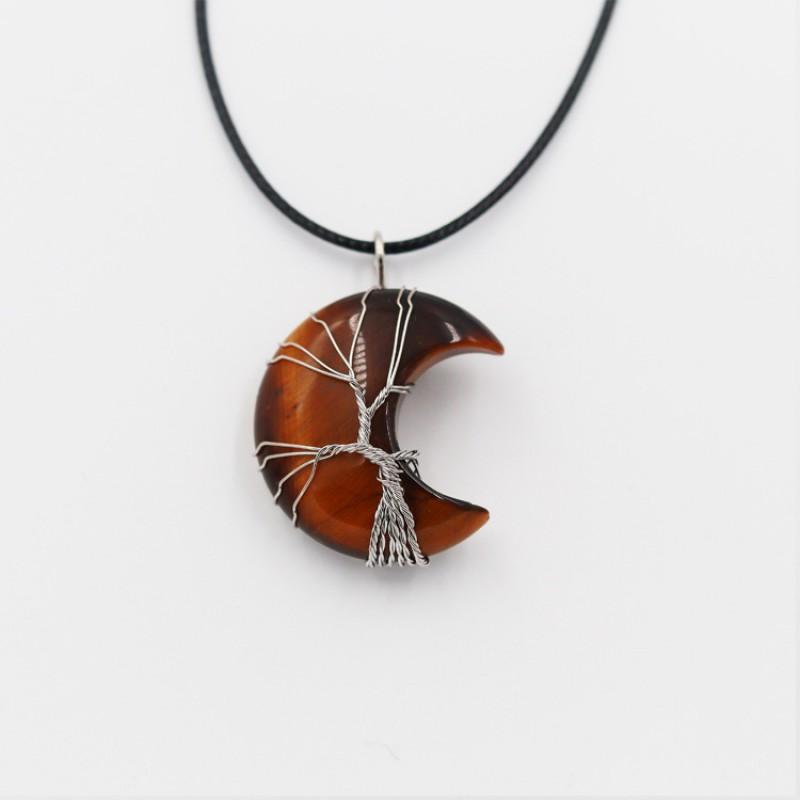 Handcrafted Geometric Moon Pendant Necklace With Natural Stone Wire-Wrapped Tree Design Women
