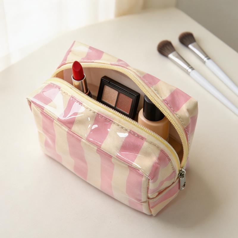 Mini Waterproof PVC Striped Makeup Bag Easy To Clean Travel Toiletry Organizer for Kids Teens Adults Use
