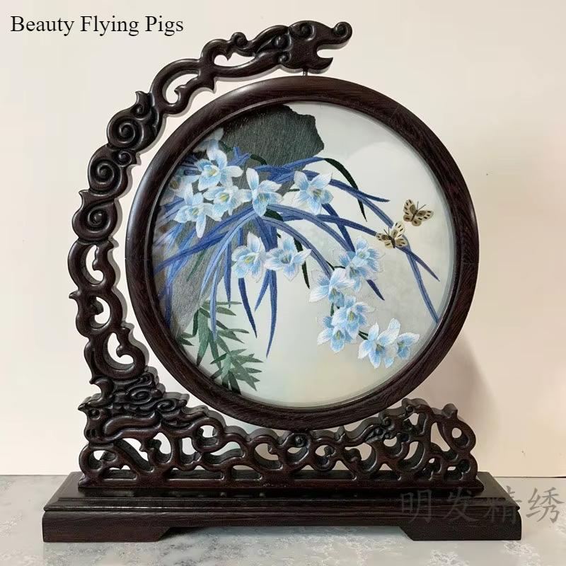 1pc, Su Embroidery Ornaments, Chinese Embroidery Crafts, Double Sided Embroidered Ornament, Solid Wood Desktop Decoration