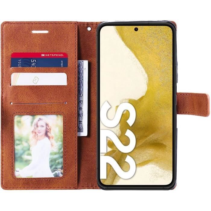 Lot de 2 Verres Trempés+ Coque pour Samsung S22 - Protection Intégrale Anti-Rayure Effet Cuir Marron