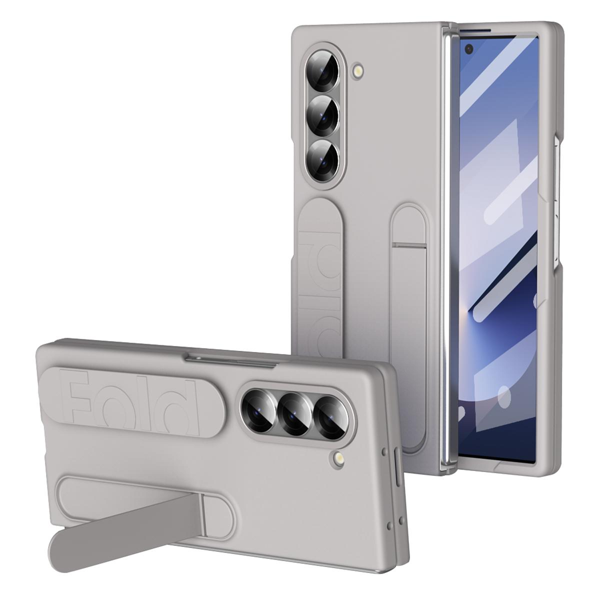 

For Samsung Galaxy Z Fold5 5G Case with Tempered Glass Film Kickstand Wristband PC+Silicone Phone Cover Titanium Grey