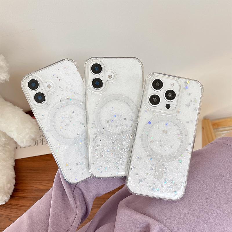 Applicable to Apple 16Promax transparent glitter star 17 sequin magnetic mobile phone case Iphone15 Epoxy soft case