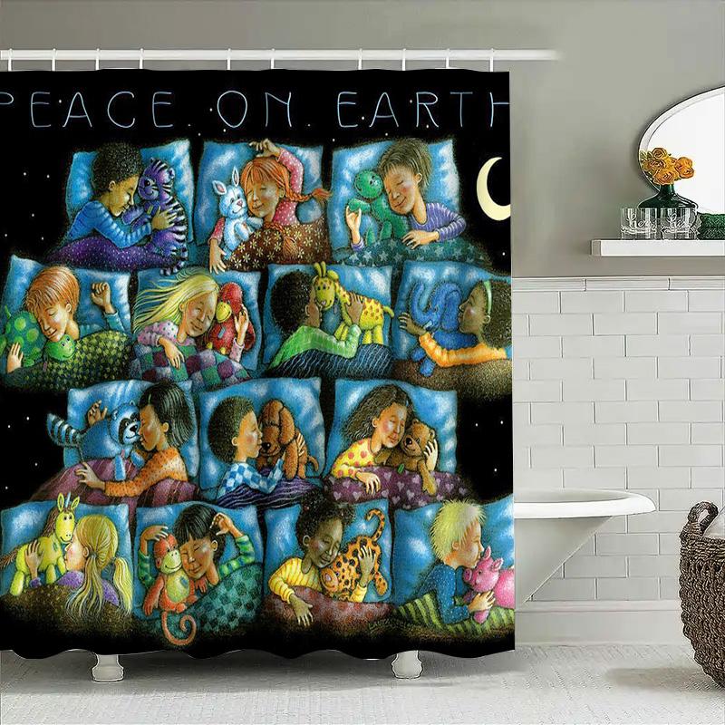 Cozy Kids Sleep Shower Curtain Multicolored Illustration Featuring Children With Pets In Bed For A Calming Nursery Ambiance (36X