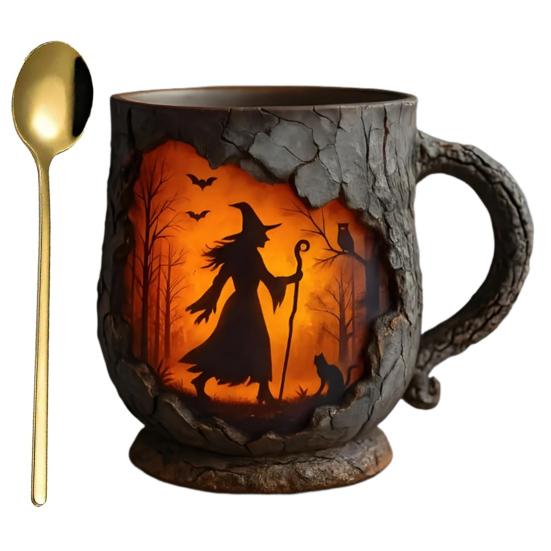 Yousheng Vintage Coffee Mugs Mystical Witch Bark Texture Mug Halloween Campfire Cup Outdoor Adventure Gift for Hikers Nature Lovers