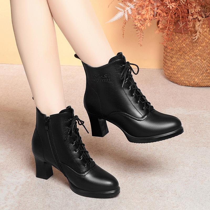 New Autumn/Winter Style Women's Soft Leather Boots with Chunky Heel, High Heel, Waterproof Platform, Fleece Lined
