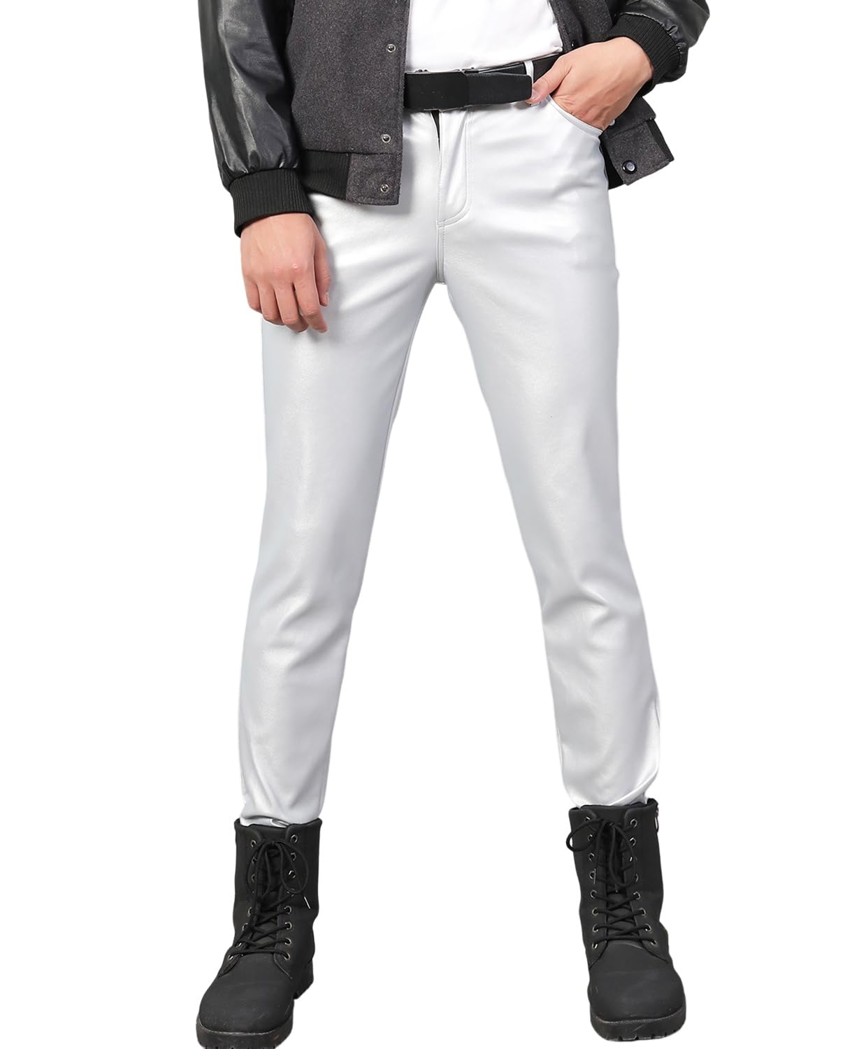 [East Rain] Silver Leather Pants, Pencil Trousers, PU Motorcycle Pants, M серебряный