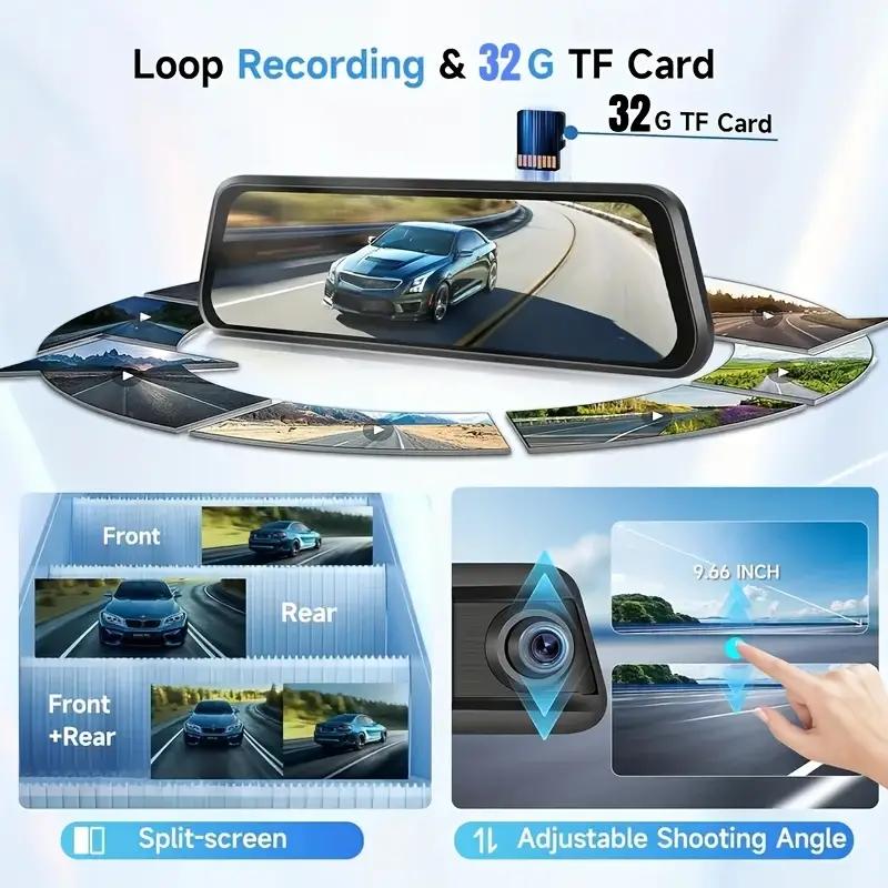 4K Front and Rear Mirror Dash Cam, 9.66" IPS Touch Screen Dual Cameras, Loop Recording, G-Sensor, Parking Assistance, Backup Cam