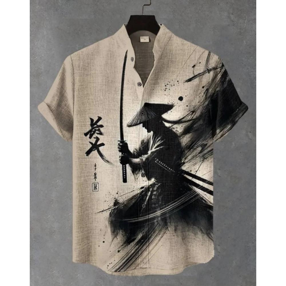 Men's Samurai Hawaiian Shirt Casual Short Sleeve Top Loose Clothing Fashion Retro Summer Shirt