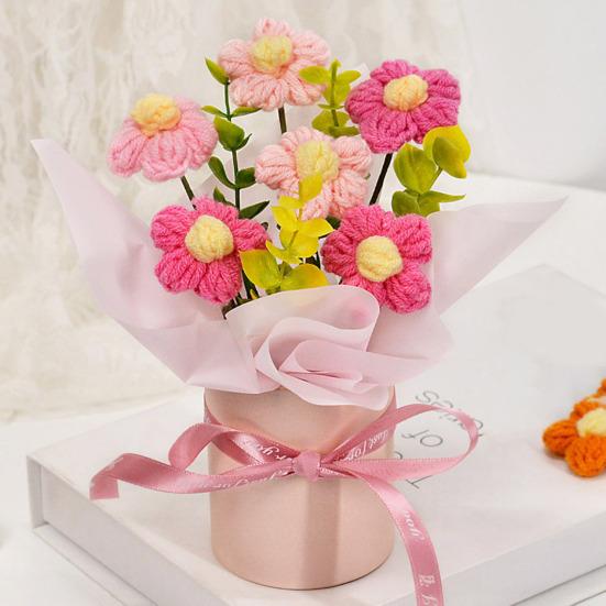 Crochet Flower Bouquet Handmade Artificial Knitted Bouquet Fake Sunflower Carnation Tulip Puff Flowers Gifts for Mother Wife On Birthday Anniversary