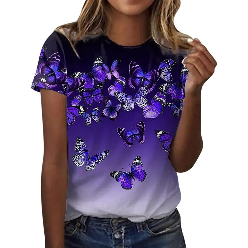 3D Digital Women's Fashion T-shirt Butterfly Printed Round Neck Short Sleeve T-shirt Luxury Women's T-shirt Loose