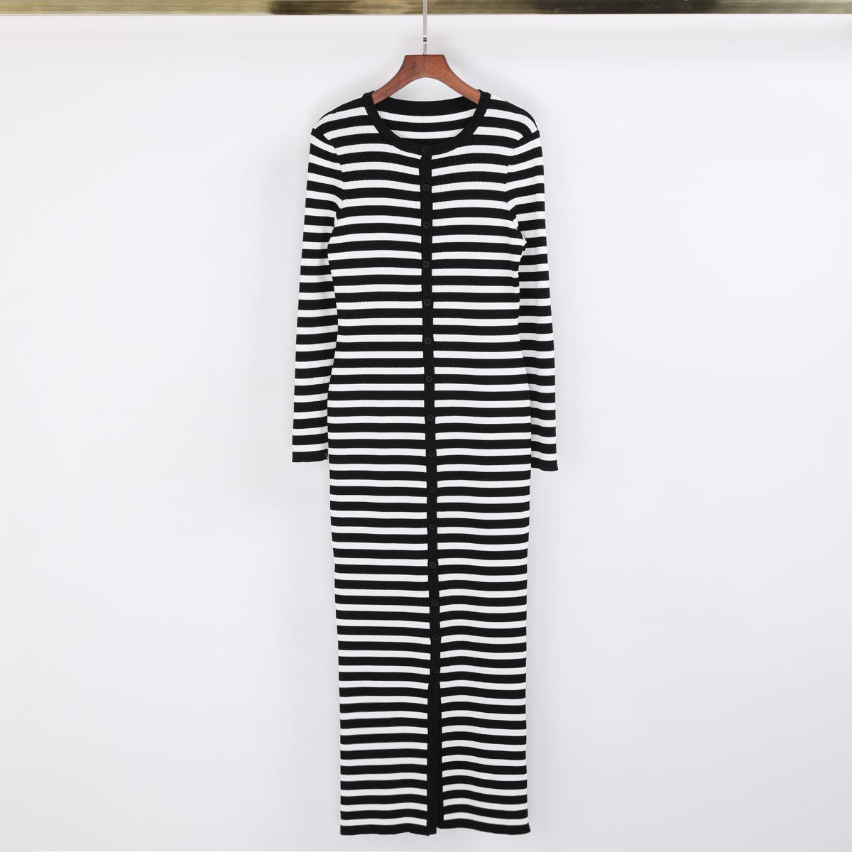 High-quality spot spring and autumn new fashion knitted round neck slim-fitting striped long-sleeved dress women 25193 S