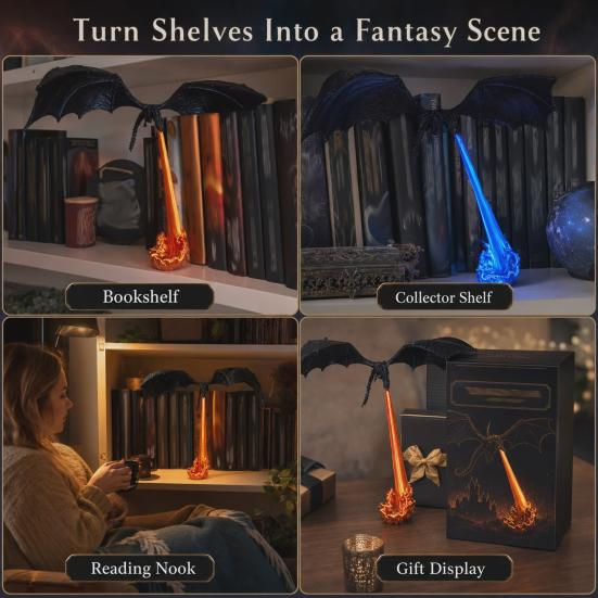 Ornamenti per Vetrine Drago Fiamma Book Nook Decor, Statuetta Drago che Sputa Fuoco Stampata in 3D, Brilla al Buio Giocattoli Trendy da Scrivania L'Ornamento Oscuro,