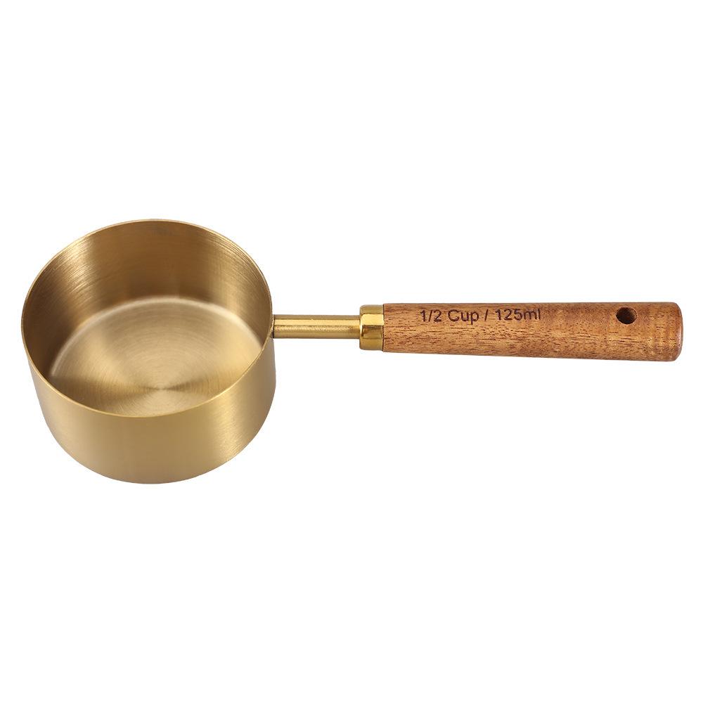8-Piece Stainless Steel Measuring Cup & Spoon Set with Titanium Gold & Wooden Handles
