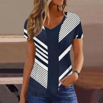 Damen-T-Shirt, Sommer-Streifen, kurzärmelig, T-Shirt, modisch, blau, V-Ausschnitt, Damenbekleidung, lässig, neues T-Shirt für Damen, Pullover