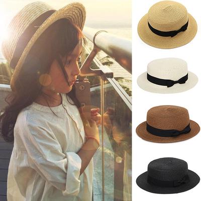 Lace Lady Sun caps Ribbon Bow Round Flat Top Straw Beach Hat Panama Hat Summer Hats for Women Straw Hats,White