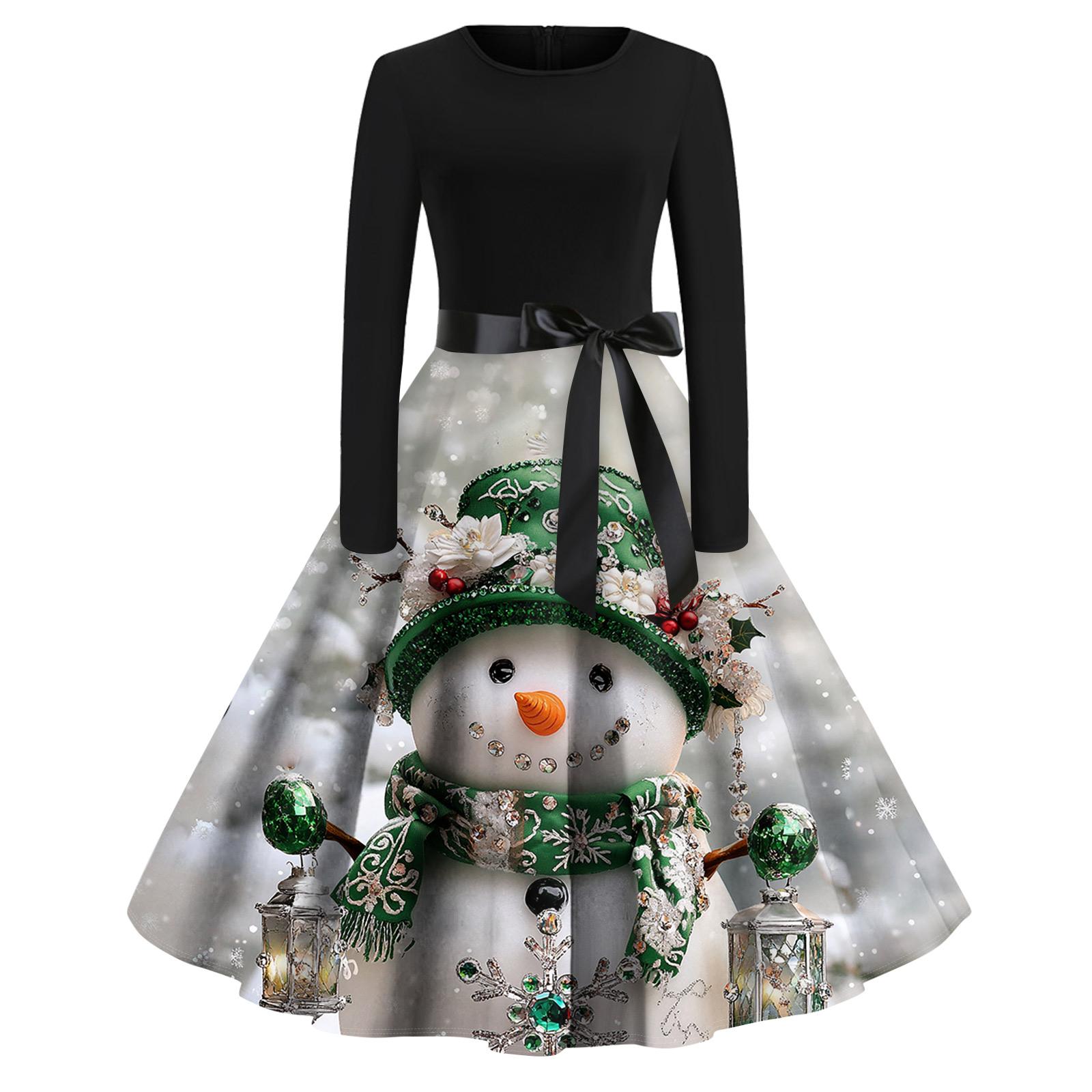 

Рождественский принт расклешенное платье для женщин платье с длинным рукавом полые вечерние повседневные платья XXXXL