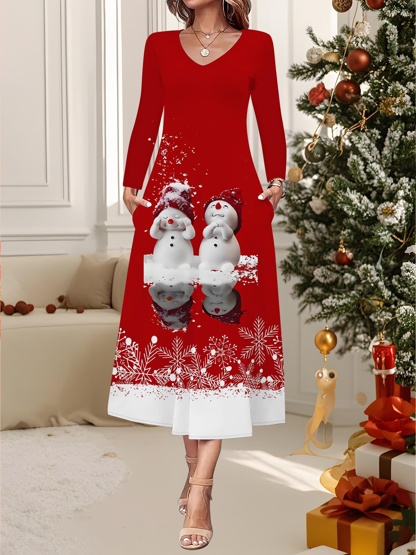 

2025 Autumn and Winter New Women Casual Fashion Dress 3D Snowflake Pattern Print Long Sleeve V-Neck A-Line Dresses Christmas Gift XXL червоний