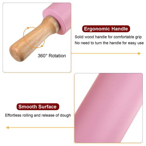 Uxcell Silicone Rolling Pin for Baking, 43cm, Wooden Handle, Non-Stick Rolling Pin, Small Roller, Play-Doh Rolling Pin for Dough, Pizza, Fondant, and