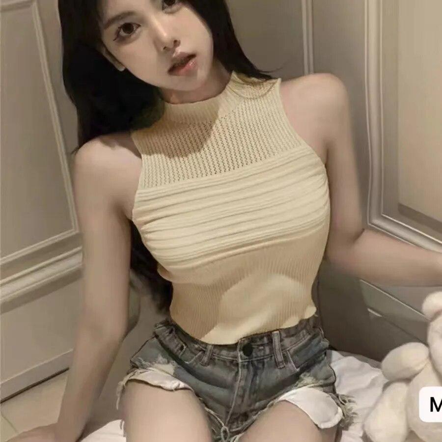Women's Knitted Vest Crop Tops Fashion Solid Sleeveless Half High Collar Slim Sexy Camisole Casual Tank Top Knitwear Streetwear