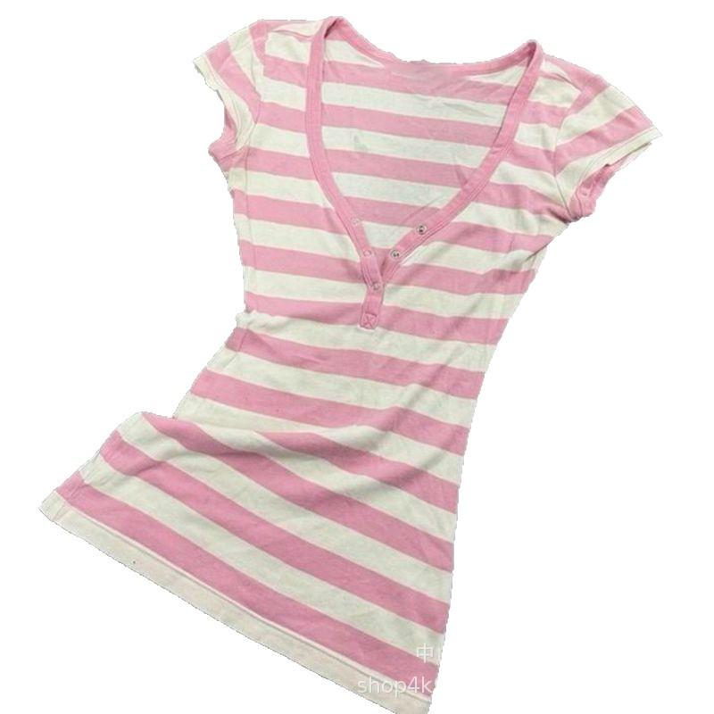 Dolce T-shirt a righe con scollo a V e maniche corte, aderente, da donna