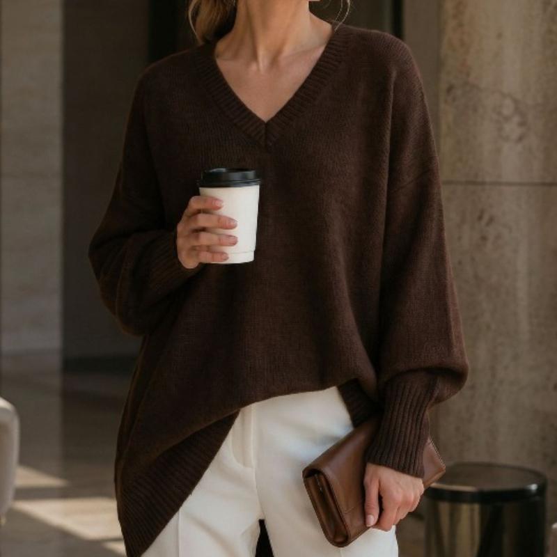 VEZFAA Damenmode, lässig, Herbst/Winter, einfarbig, bedruckt, langärmelig, V-Ausschnitt
